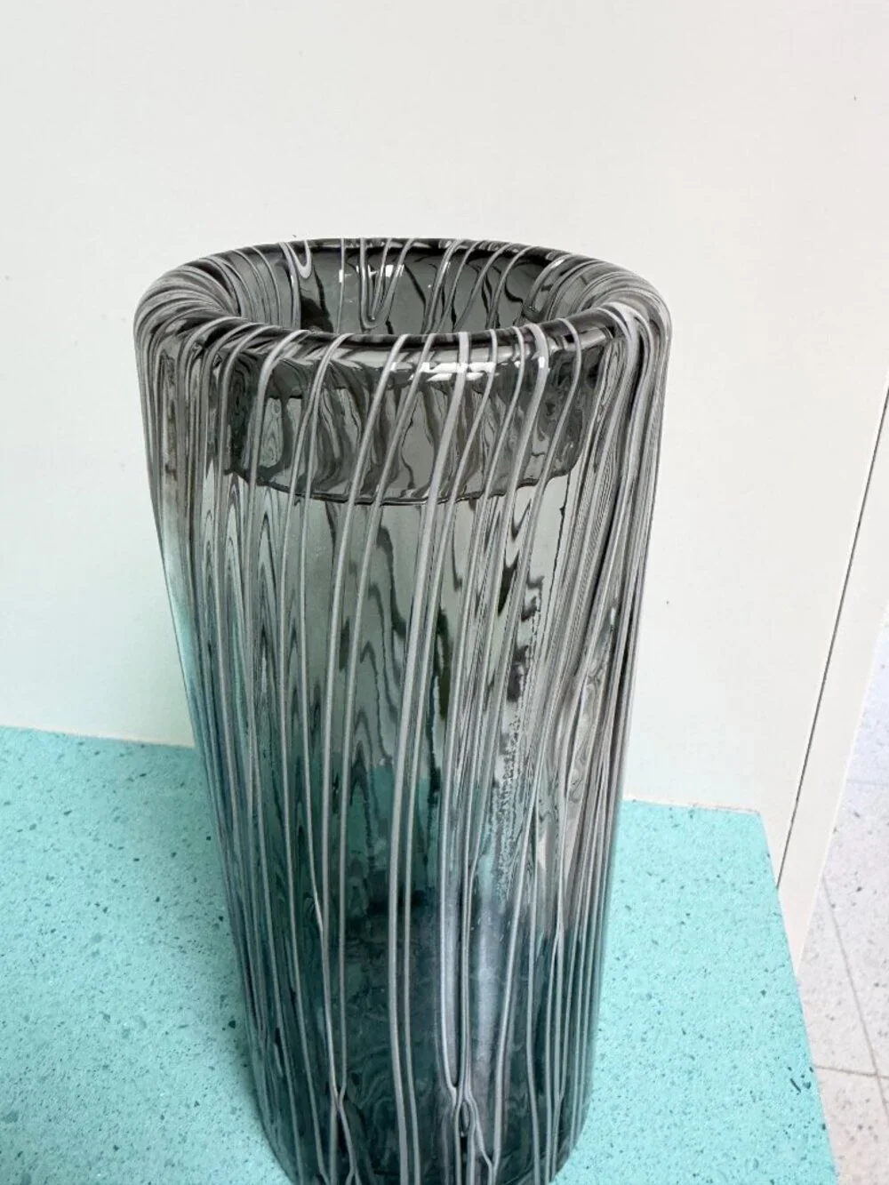 Murano Handblown Translucent Vase With Melted Threads Gray Clear White Vintage